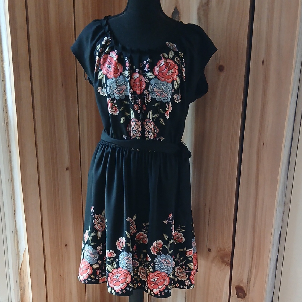 LC Lauren Conrad Black Mini Dress with Floral Design